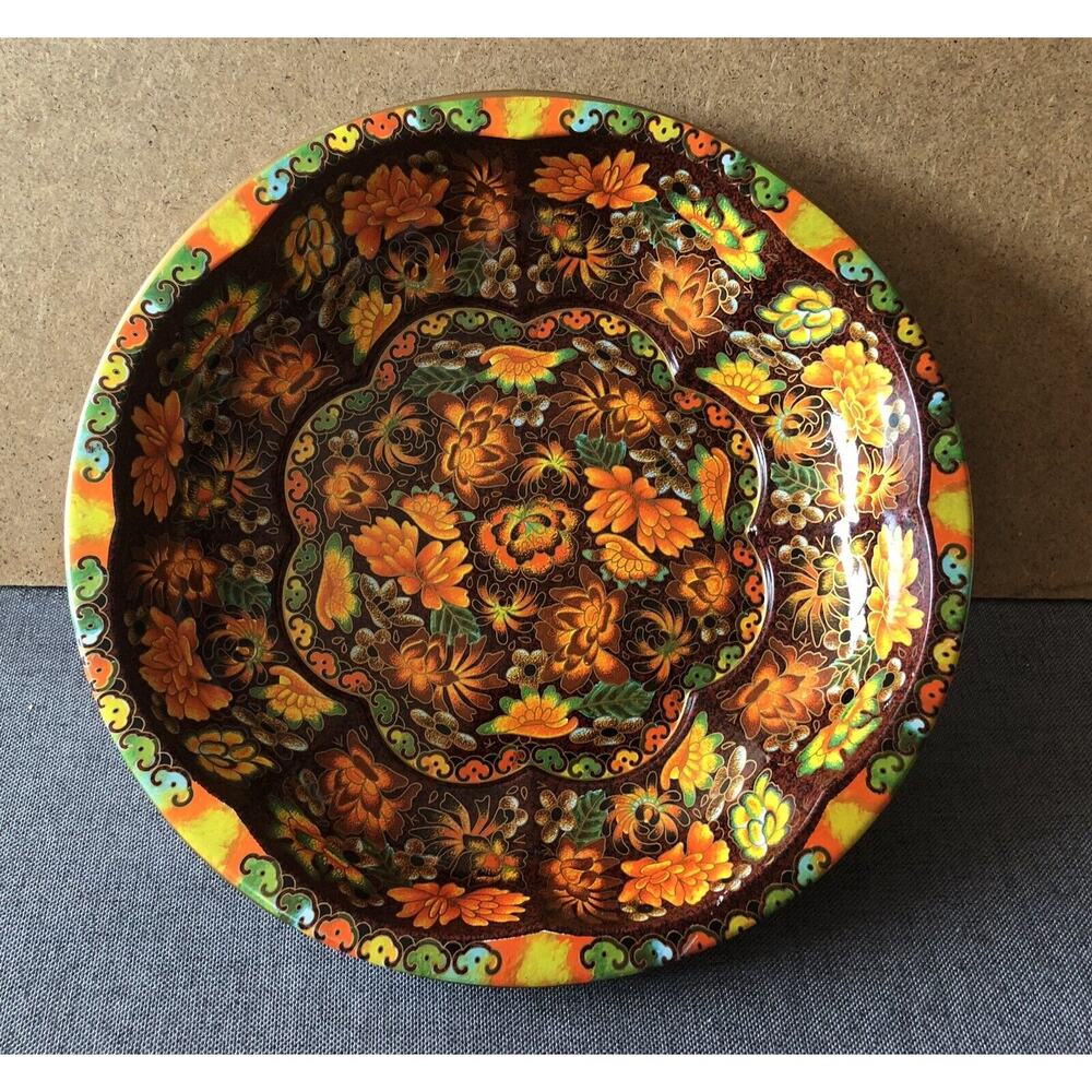 Vintage 1971 Decorated Tinware Bowl Halloween Orange Fall Colors Candy Daher 10”